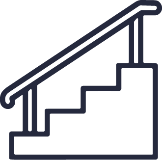 A simple black outline drawing of a staircase with four steps and a handrail running along the right side. The background is light gray.