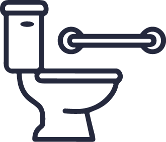 Simple line drawing of a toilet with a horizontal grab bar on the wall beside it, suggesting an accessible bathroom design.