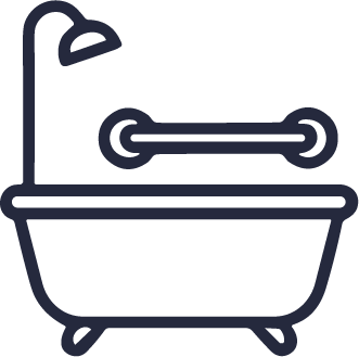 Simple black outline icon of a bathtub with a showerhead above it and a horizontal grab bar on the wall behind the tub.