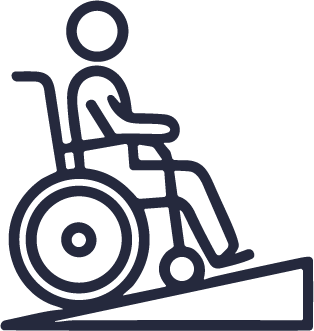 Simple line drawing of a person in a wheelchair moving up a ramp, symbolizing accessibility and mobility support for individuals with disabilities.