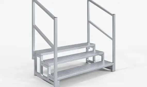 A small, three-step metal staircase with railings on both sides, designed for industrial or utility use, against a plain white background.