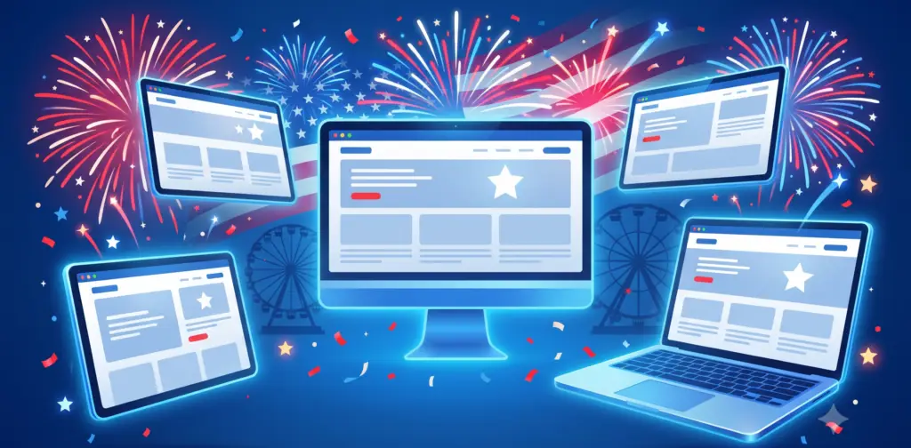 Computer screens and laptops displaying websites surround a central monitor, with fireworks, Ferris wheels, and an American flag background, symbolizing celebration and digital connectivity in the USA.