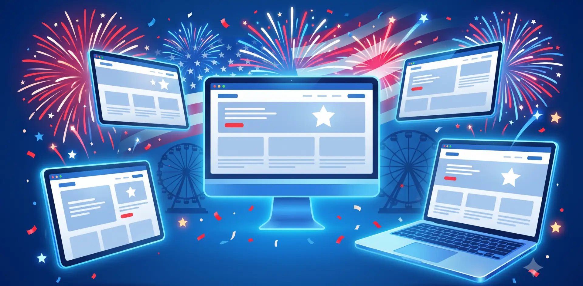 Computer screens and laptops displaying websites surround a central monitor, with fireworks, Ferris wheels, and an American flag background, symbolizing celebration and digital connectivity in the USA.
