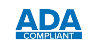 Blue and white logo with large text ADA above smaller text COMPLIANT, indicating compliance with the Americans with Disabilities Act.