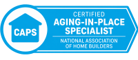 Blue badge with a house icon labeled CAPS on the left. On the right, white text reads: Certified Aging-in-Place Specialist, National Association of Home Builders.