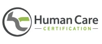Logo for Human Care Certification with a circular abstract design on the left and the words Human Care in gray and CERTIFICATION in green on the right.